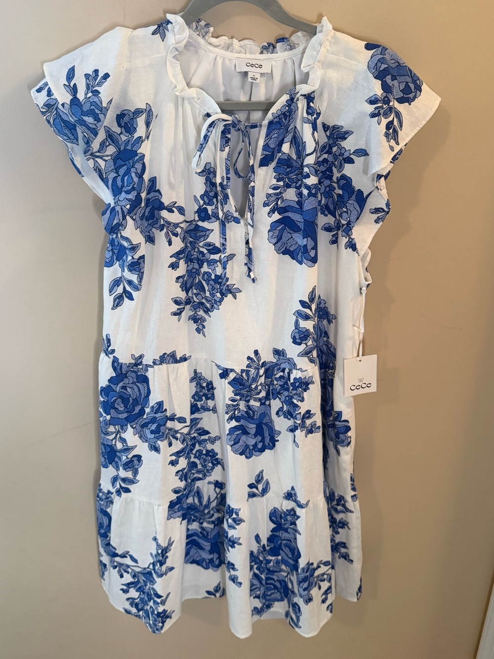 CeCe Dresses Maxi Dress Blue & White Toile Tiered Sleeveless size XL